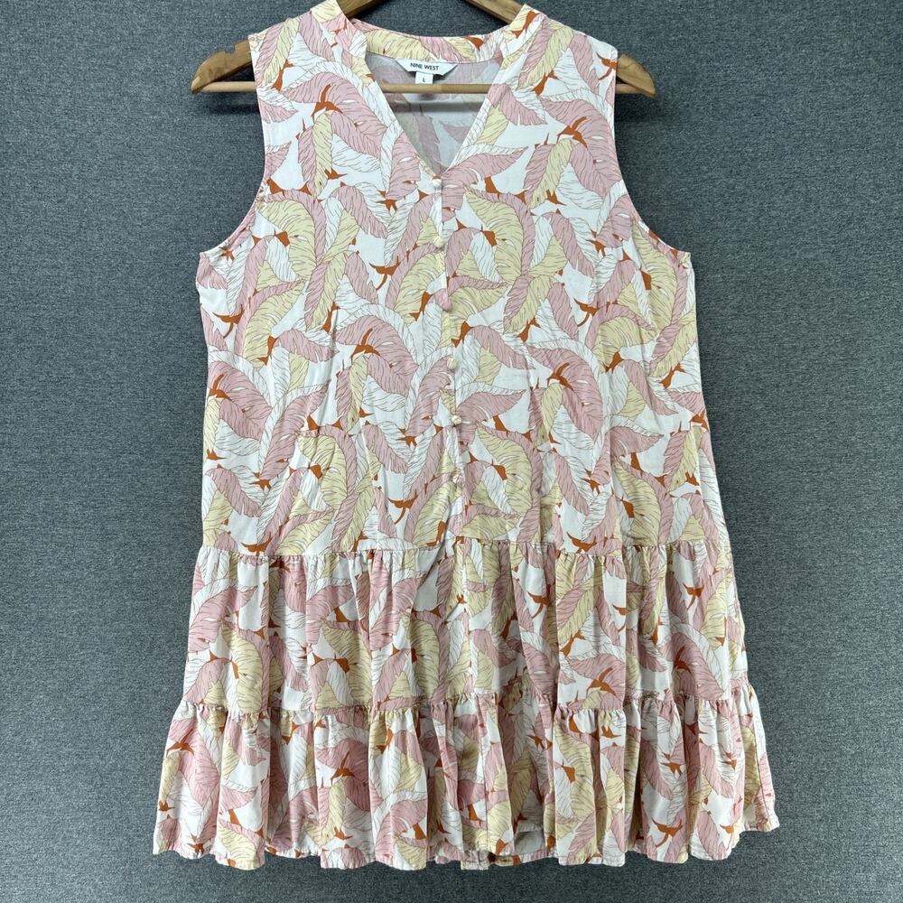 Nine West Dress Womens Large Tropical Feather Sleeveless Tiered Vacation Rayon